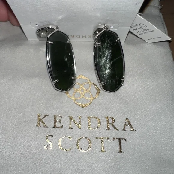 Kendra Scott Elle Custom Statement Earrings Silver & Green Sage Mica NEW - Picture 3 of 6